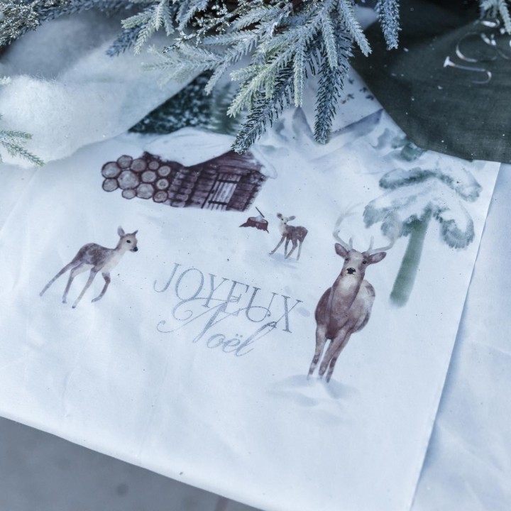 Chemin de table tissu blanc "Joyeux Noël" Neige éternelle
