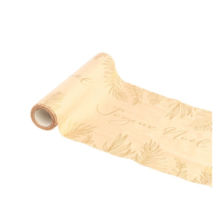 Chemin de table velours camel "Joyeux Noël" feuillage or