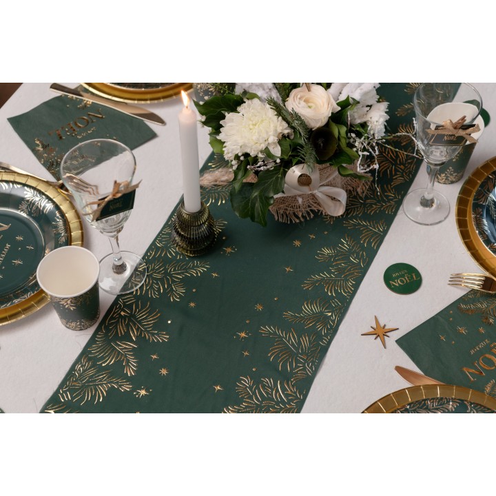 CH de table vert feuilles d'or 27CMSX2,5M - chemin table noël