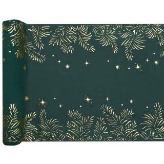 CH de table vert feuilles d'or 27CMSX2,5M - chemin table noël