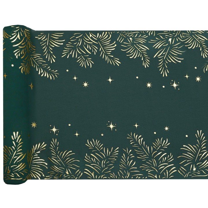 CH de table vert feuilles d'or 27CMSX2,5M - chemin table noël