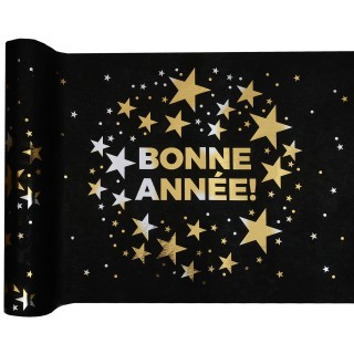 Chemin de table noir "Bonne Année" champagne - décoration table fête