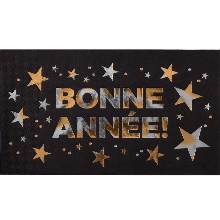 Serviettes noires "Bonne Année" champagne - décoration table fête