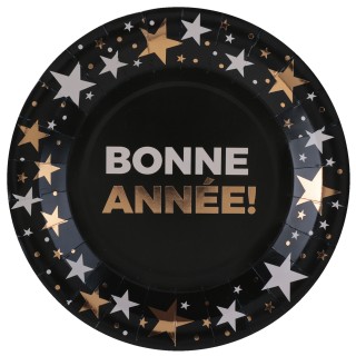 Assiettes GM noires "Bonne Année" champagne x10 - vaisselle fête