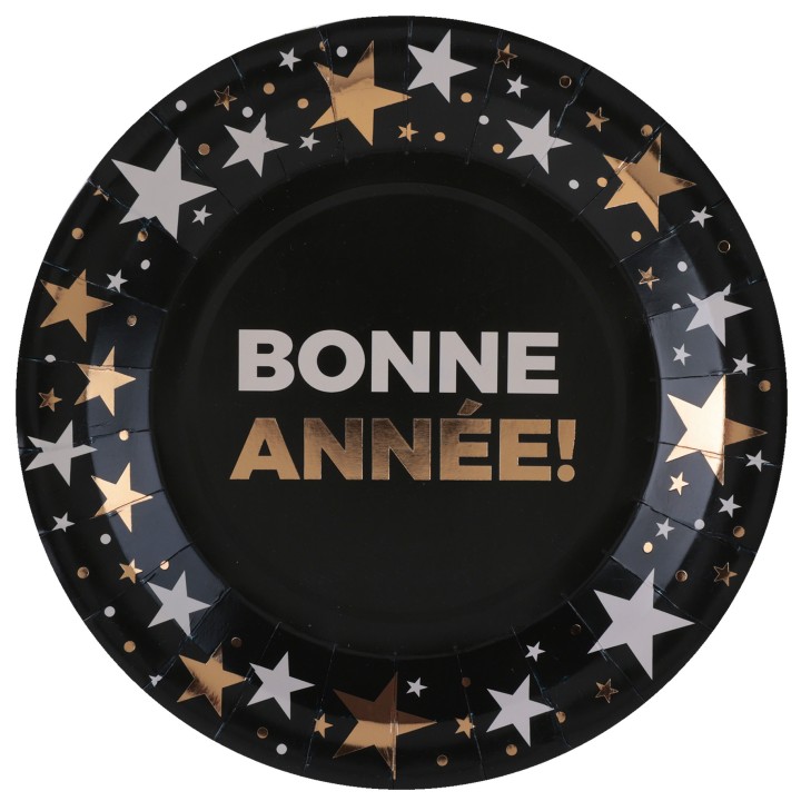 Assiettes GM noires "Bonne Année" champagne x10 - vaisselle fête