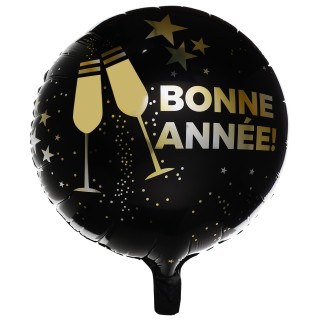 Ballon aluminium rond noir "bonne année" champagne 45CMS - ballons