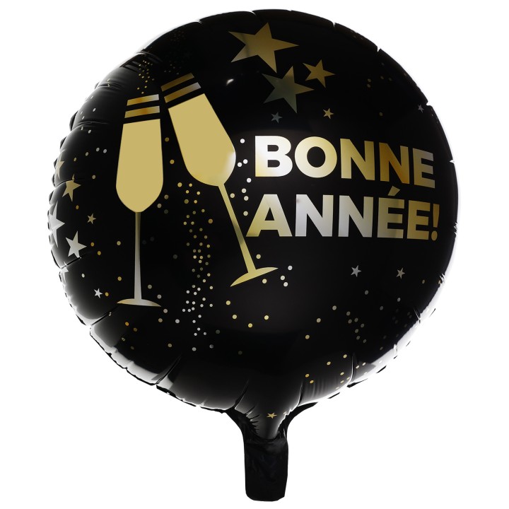 Ballon aluminium rond noir "bonne année" champagne 45CMS - ballons