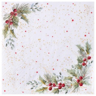 Serviettes blanches houx étoiles x10