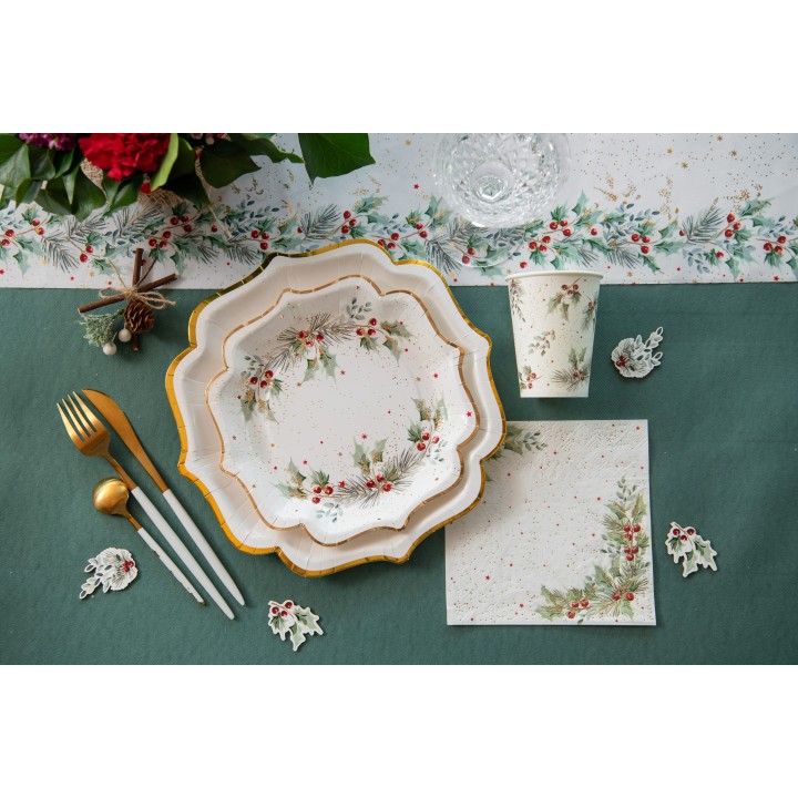 Serviettes blanches houx étoiles x10