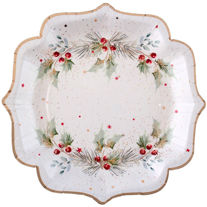 Assiettes blanches houx et étoiles - décoration table de Noël