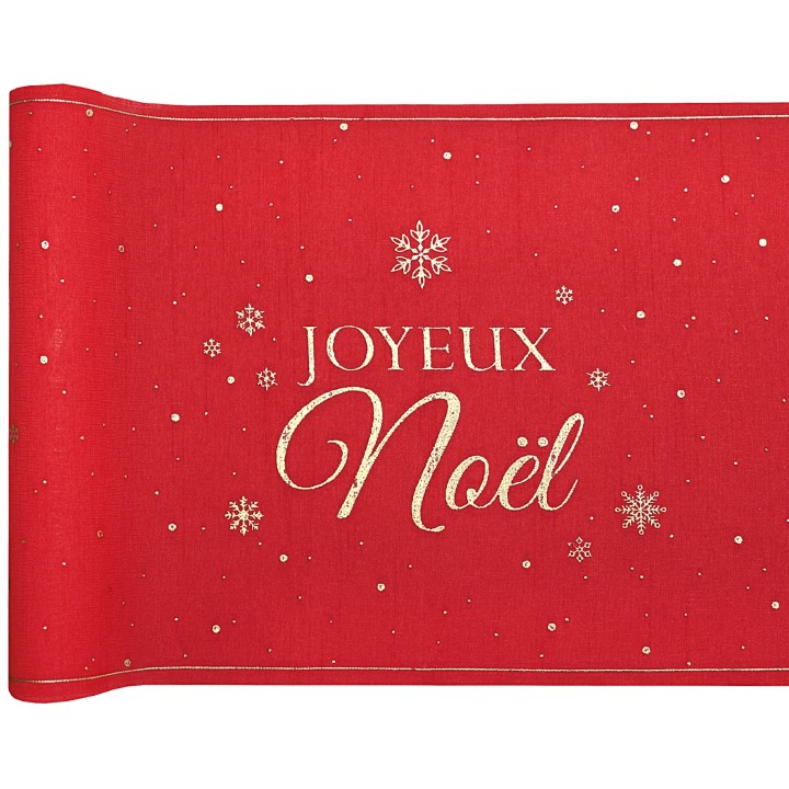 CH de table rouge "Joyeux Noël" flocon d'or - chemin table noël