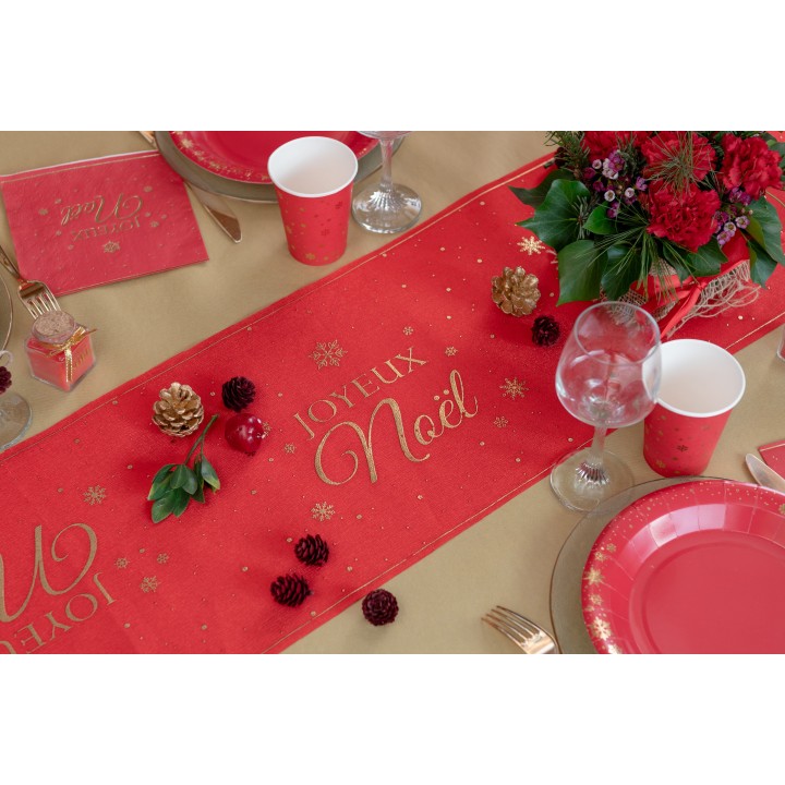 CH de table rouge "Joyeux Noël" flocon d'or - chemin table noël