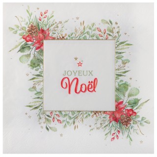 Serviettes blanches "Joyeux Noël" Bouquet d'Hiver x10 - serviette de Noëll