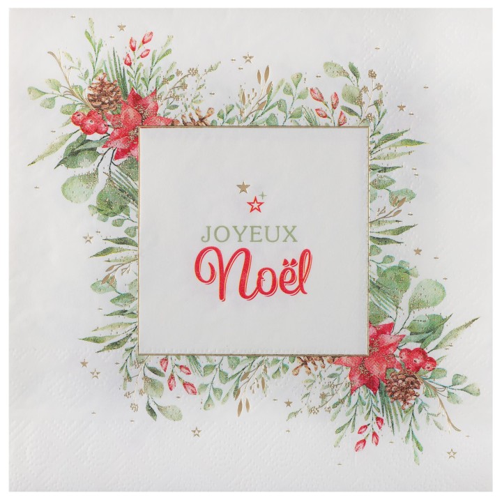 Serviettes blanches "Joyeux Noël" Bouquet d'Hiver x10 - serviette de Noëll