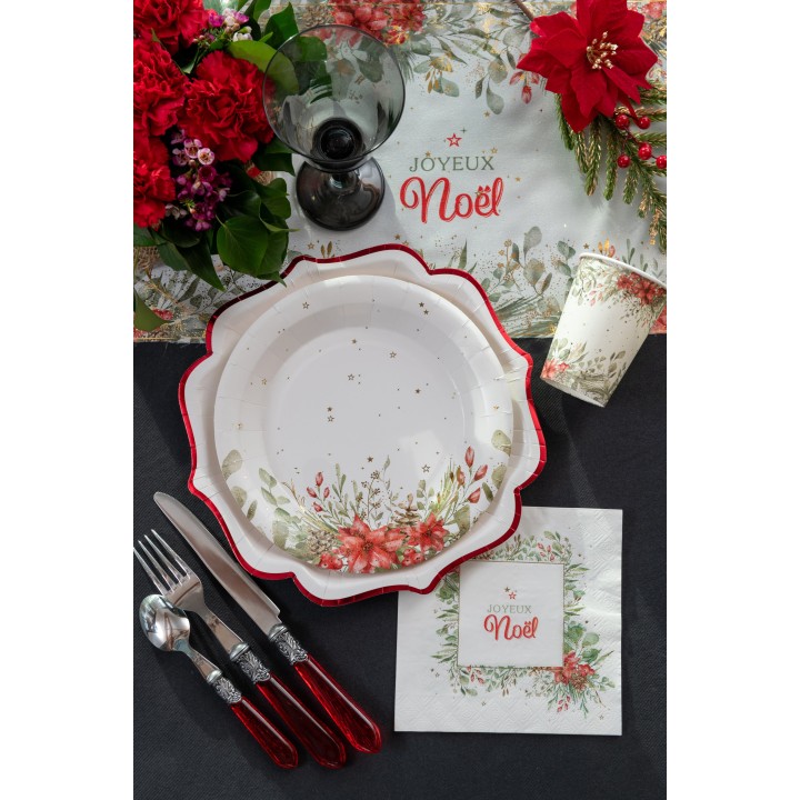 Serviettes blanches "Joyeux Noël" Bouquet d'Hiver x10 - serviette de Noëll