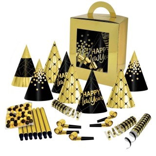 Cotillons luxe noir et or pour 10 personnes – accessoires de fête