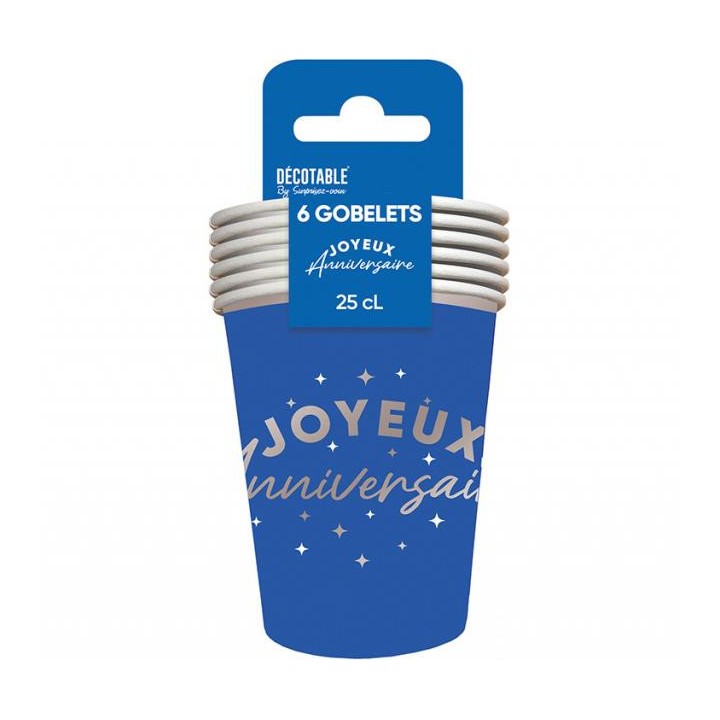 Gobelets carton Joyeux anniversaire bleu touareg
