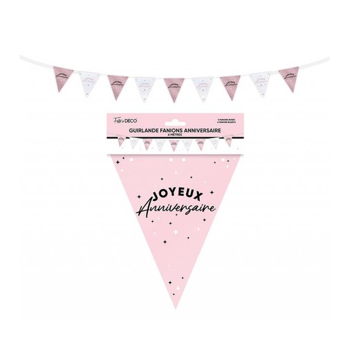 Guirlande fanion Joyeux anniversaire rose poudré