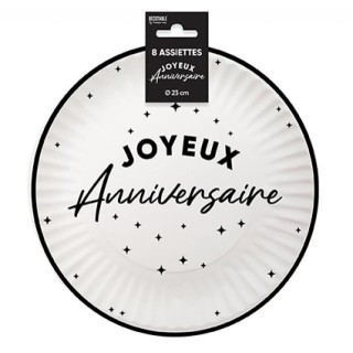Assiettes carton GM Joyeux anniversaire noir