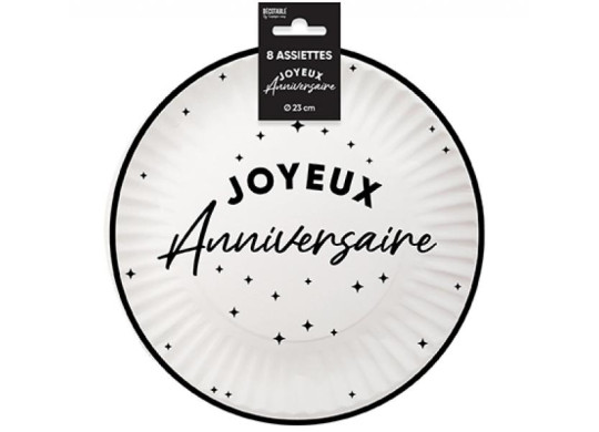 Assiettes carton GM Joyeux anniversaire noir