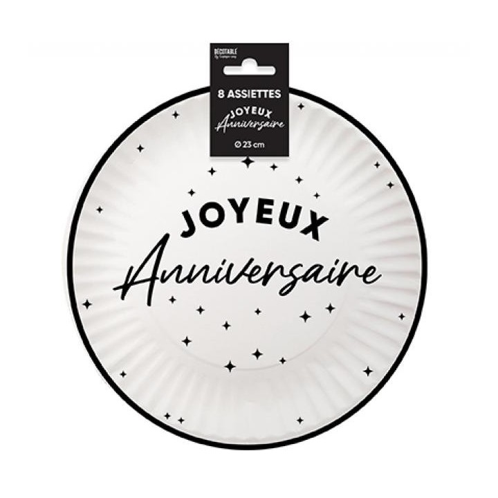 Assiettes carton GM Joyeux anniversaire noir