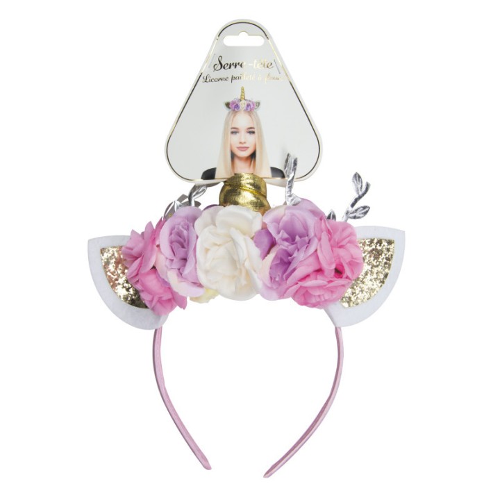Serre-tête licorne pailleté et fleuri – Accessoire féerique