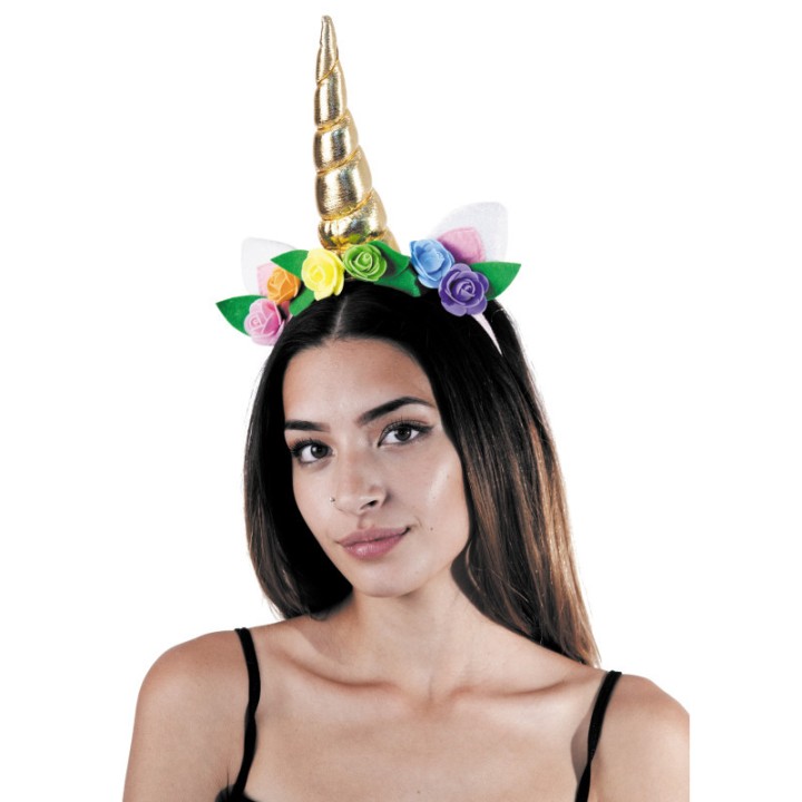 Serre-tête licorne dorée et fleurs – Accessoire féerique