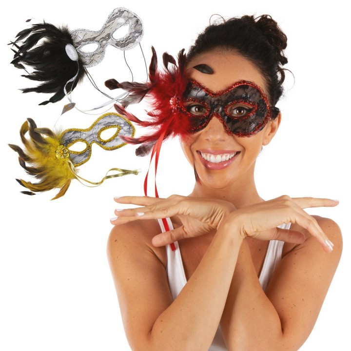Loup plastique dentelle et plume - Accessoire déguisement