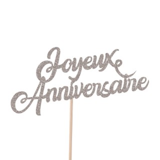 Pic à gâteau Joyeux Anniversaire pailleté argent - Décoration