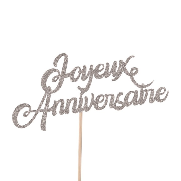 Pic à gâteau Joyeux Anniversaire pailleté argent - Décoration