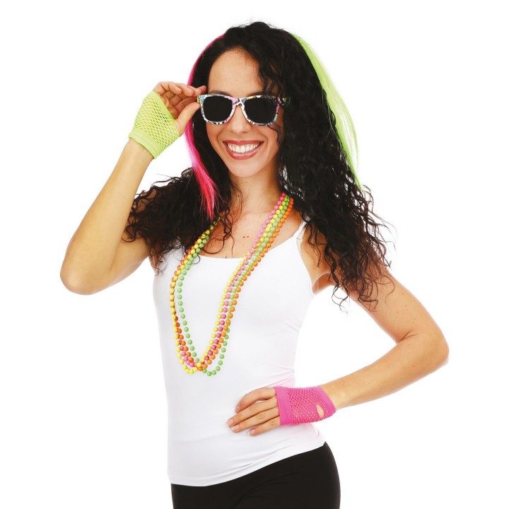 Set années 80 mèches boucles lunettes mitaines colliers - Accessoire déguisement