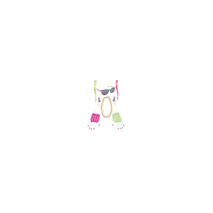 Set années 80 mèches boucles lunettes mitaines colliers - Accessoire déguisement