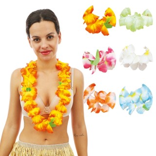 Collier hawaïen grandes fleurs bicolores assortis - Accessoire fête