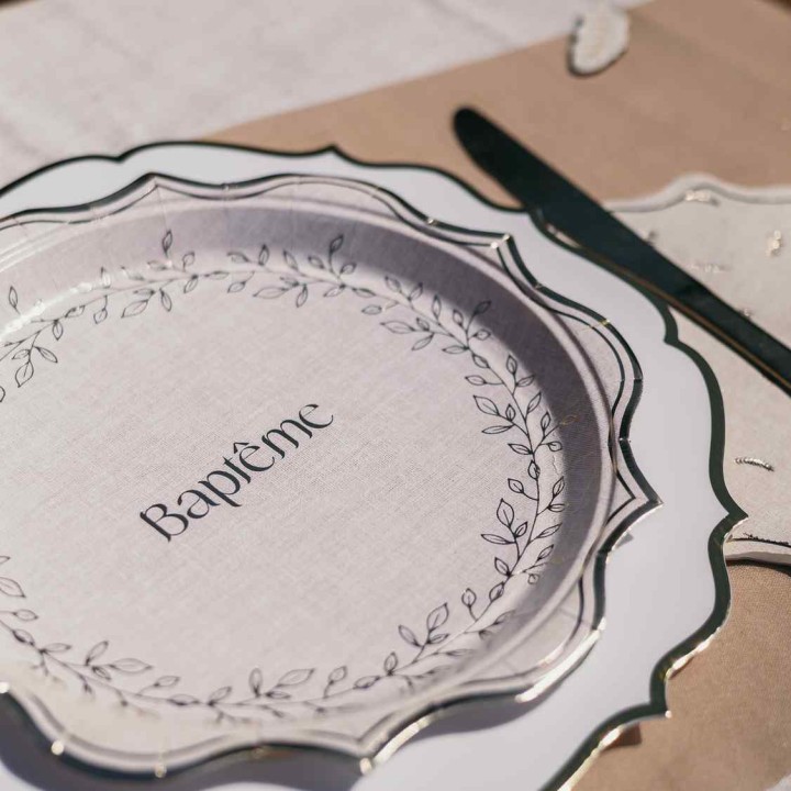 Assiettes GM Baptême Effet Lin x8 - Décoration table