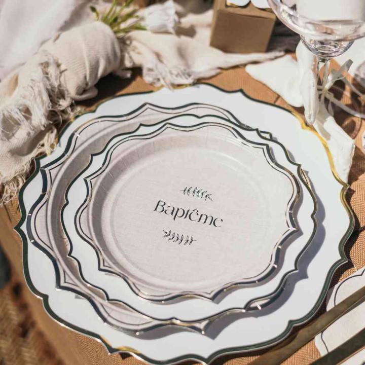 Assiettes PM Baptême Effet Lin x8 - Décoration table