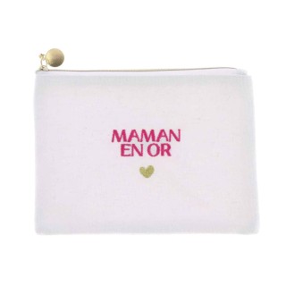 Pochette Brodée Maman Or Framboise - Cadeau fête des mères