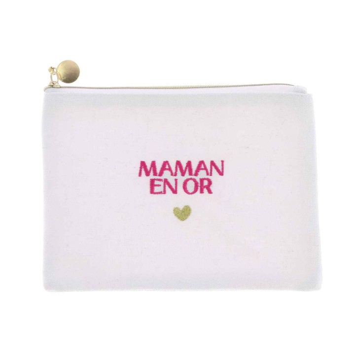 Pochette Brodée Maman Or Framboise - Cadeau fête des mères