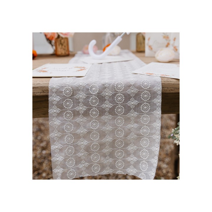 Chemin de Table Voile Brodé Macramé Ivoire - Décoration table