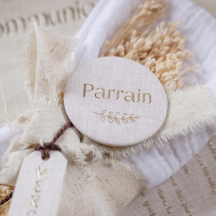 Badges parrain et marraine communion lin x2 - Accessoires cérémonie
