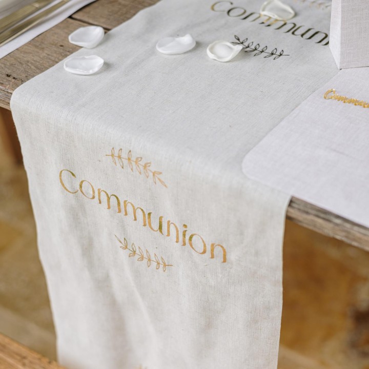 Chemin de table communion lin et or - Décoration table