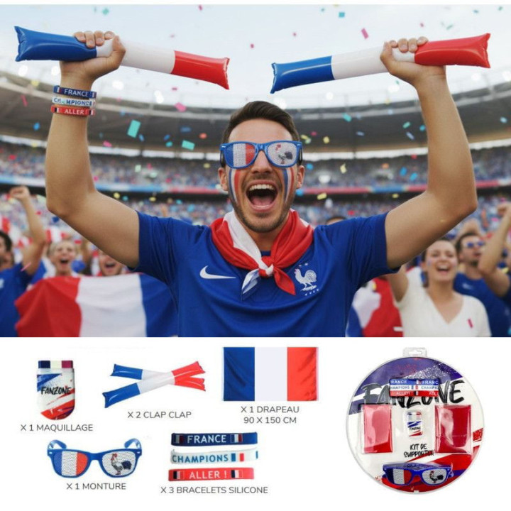Kit supporters 8 pièces France - Accessoires Coupe du Monde et ambiance foot