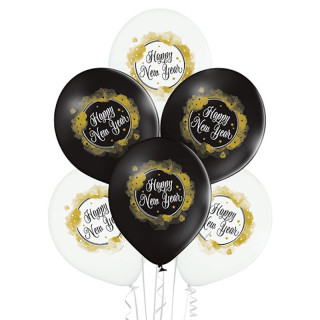 Ballons Happy New Year noir blanc or - Décoration réveillon