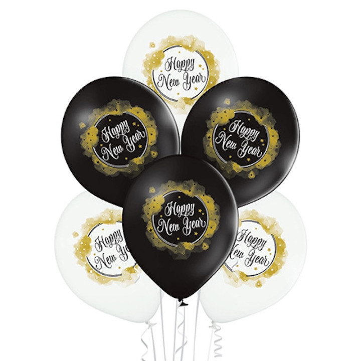 Ballons Happy New Year noir blanc or - Décoration réveillon