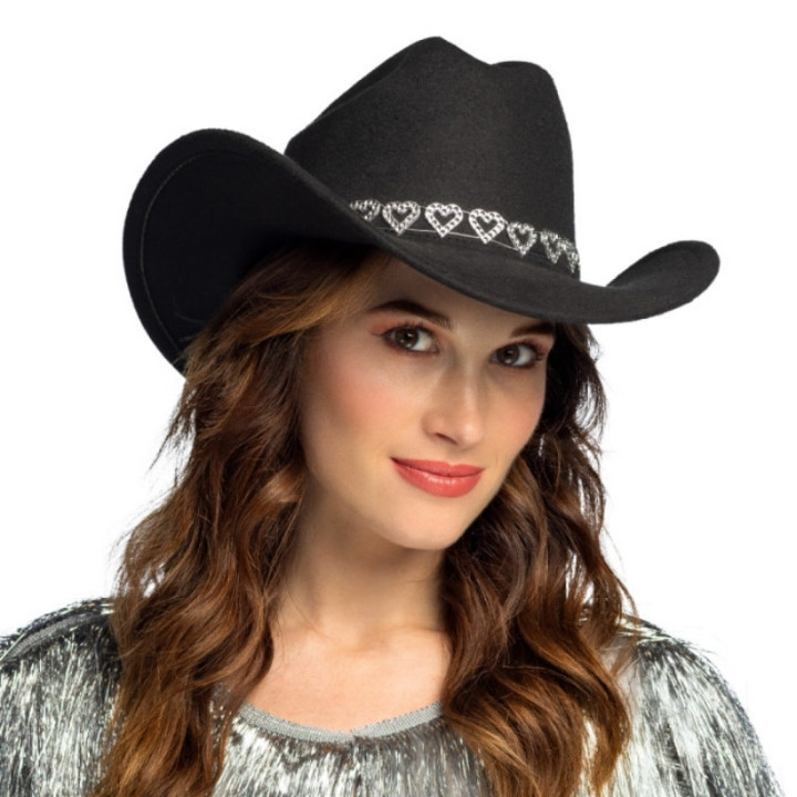 Chapeau cowboy coeurs strass noir ou blanc - Thème western