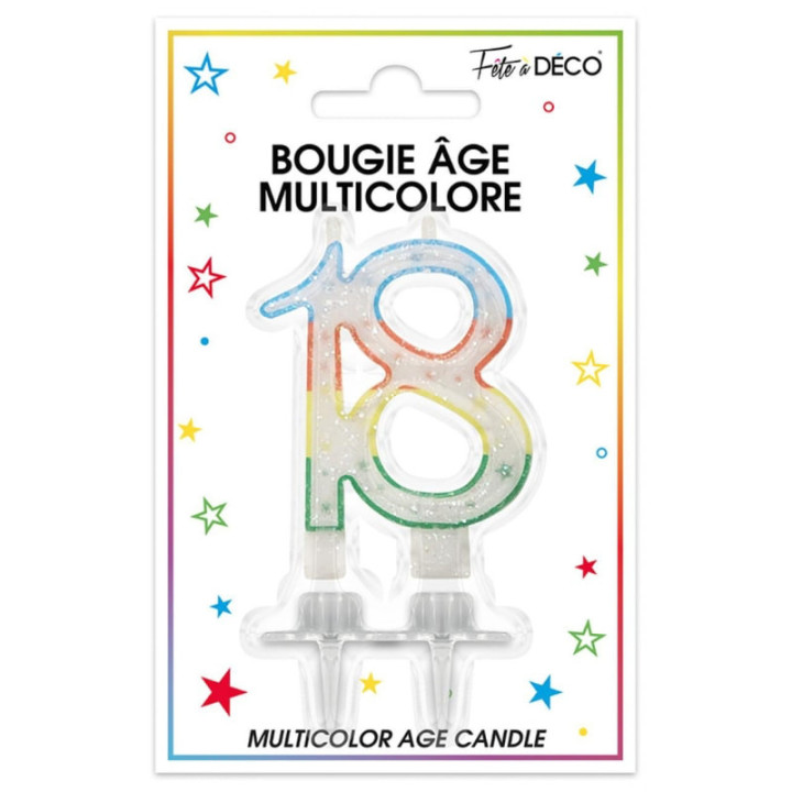 Bougie anniversaire 18 à 80 ans multicolore pailletée - Article de fête