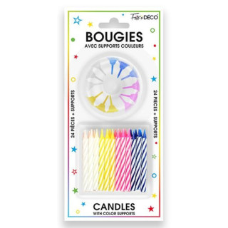 24 bougies multicolores avec supports - Article de fête