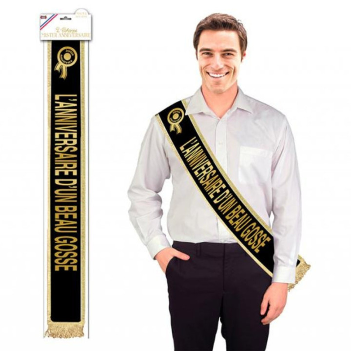 Écharpe Mister Anniversaire Beau Gosse noir et or - Accessoire fête