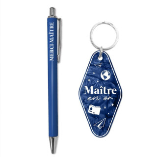 Coffret Meilleur Maître bleu porte-clés et stylo - Cadeau fin d'année