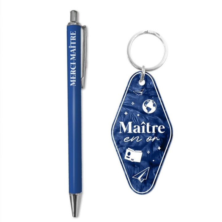 Coffret Meilleur Maître bleu porte-clés et stylo - Cadeau fin d'année
