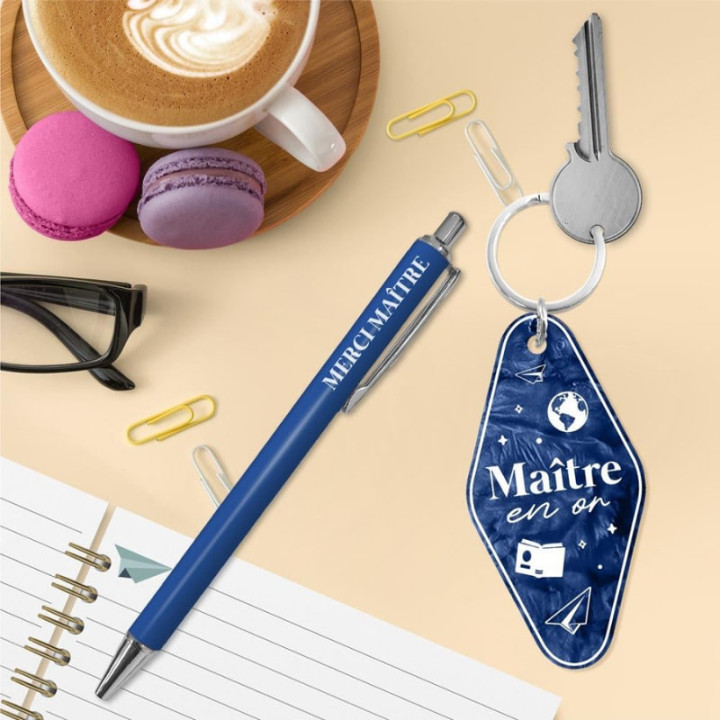 Coffret Meilleur Maître bleu porte-clés et stylo - Cadeau fin d'année